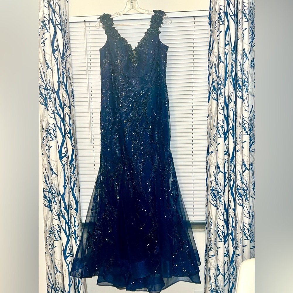 MGNY By Mori Lee Navy Beaded V-Neck Mermaid Gown